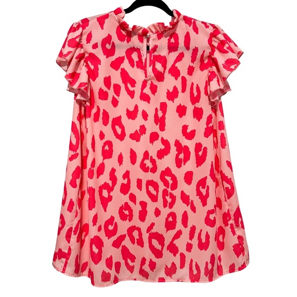 Dress Up Pink Leopard Ruffle Mock Neck Flutter Sleeve Top L Travel Cruise NWOT - Picture 3 of 9